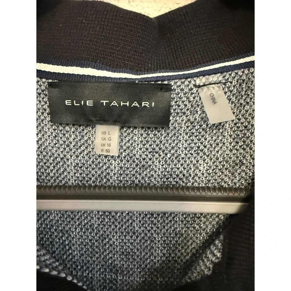 Elie Tahari Mens Blue Black Geometric Knit Polo Shirt Short Sleeve Wool Blend L